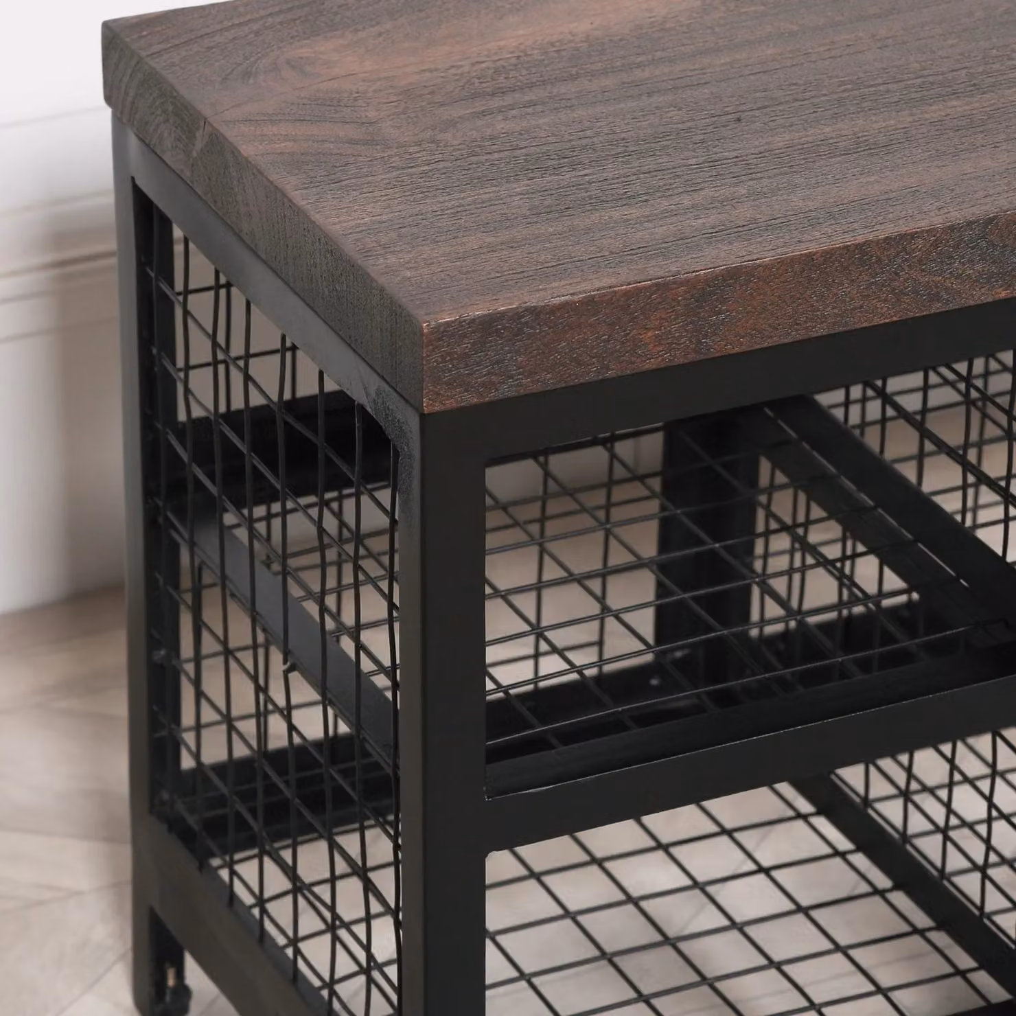 Glasstone Black Metal and Brown Wood Industrial Shoe Rack Storage Bench – 2