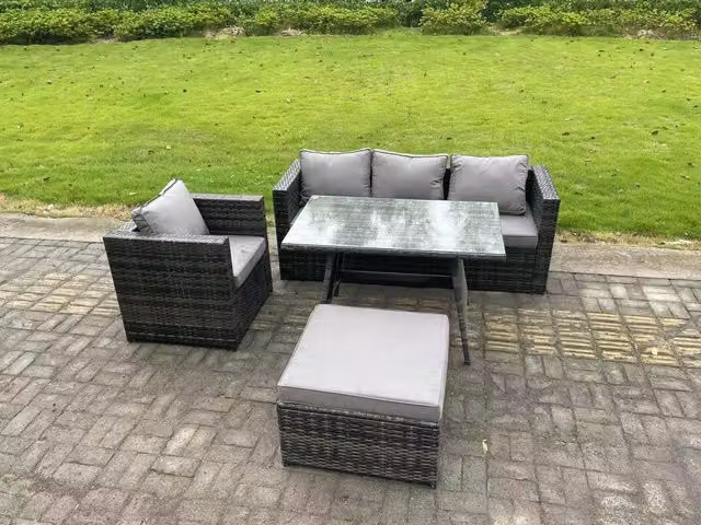 Fimous Rattan Outdoor Garden Dining Set with Oblong Table, Armchairs and Large Footstool in Dark Grey