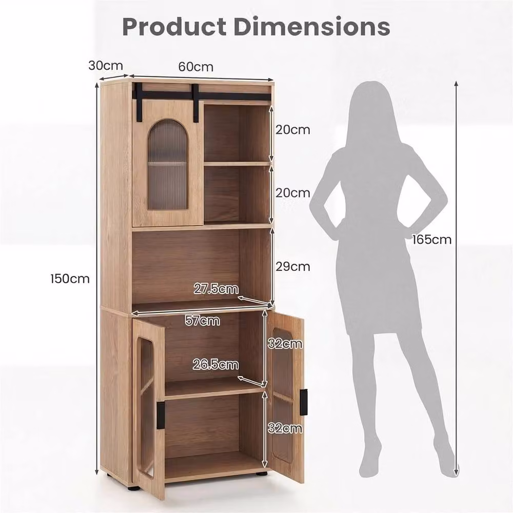 VOGREX Farmhouse Bathroom Cabinet with Sliding Barn Doors and Open Shelving in Natural Brown, Width: 150 cm – 2