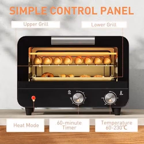 HOMCOM 12L Multifunction Mini Countertop Toaster Oven with Grill and Glass Door, Black – 6