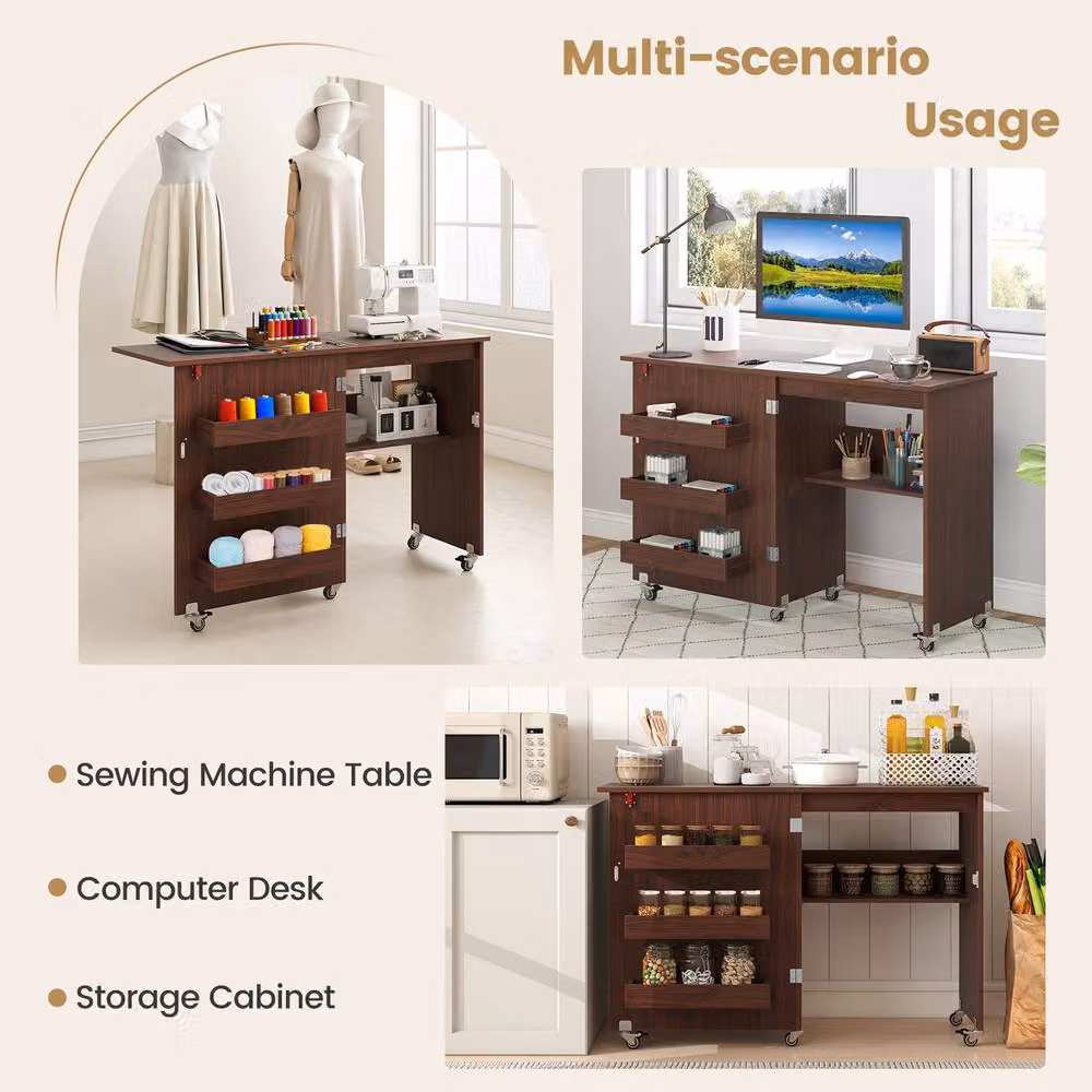 Gymax Folding Rolling Sewing Machine Desk and Craft Station with Storage Shelf in Brown – 5