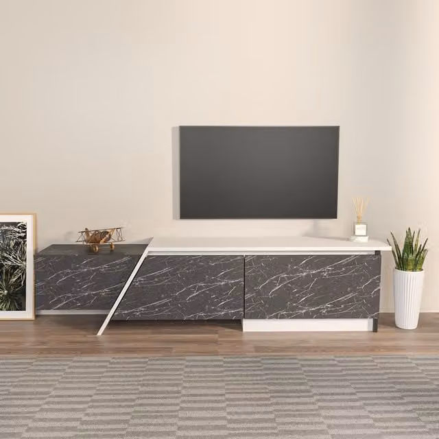 Decorotika Zonas Modern TV Unit in White and Black Marble Effect, W/D/H: 180 x 45 x 35 cm