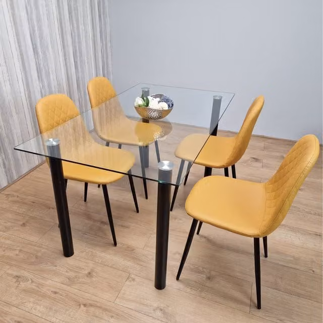 Kosy Koala Modern Rectangular Glass Dining Table and 4 Yellow Chairs Set, W/D/H: 120 x 120 x 120 cm
