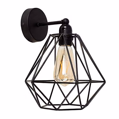 MiniSun Industrial Steampunk Satin Black Pipework Single Wall Light with Black Metal Basket Cage Shade and Warm White LED Bulb – 3