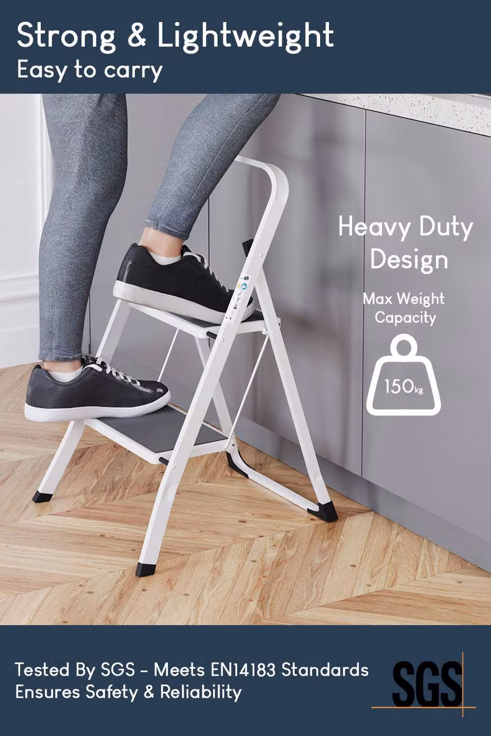 HD Designs 2 Step Folding Ladder with Anti-Slip Mat in White – 4