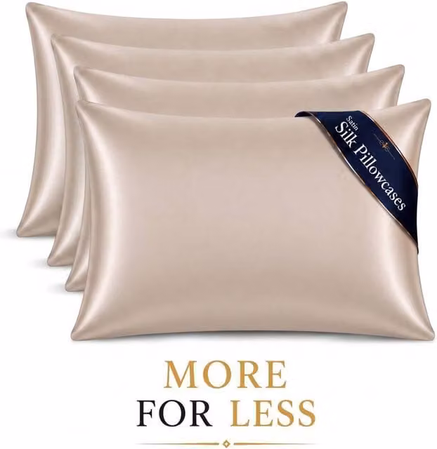 Pamposh Luxury Mako Satin Silk Pillow Cases, 4 Pack, Beige