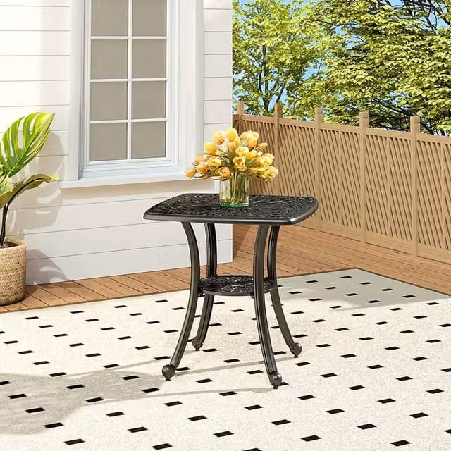 Livingandhome Square Cast Aluminium Garden Bistro Table with Floral Cutout Design in Matt Black