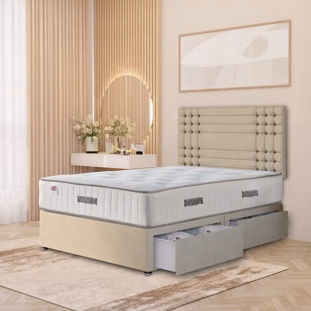 Somnior Beds Ltd Saville Tweed Fabric Divan Bed Set with Headboard and Drawers in Beige and Yellow, W/D/H: 200 x 200 cm