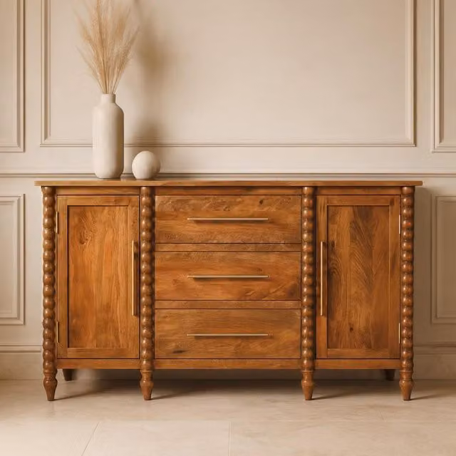 Artisan Furniture Mid-Century Solid Mango Wood Spindle Sideboard in Brown