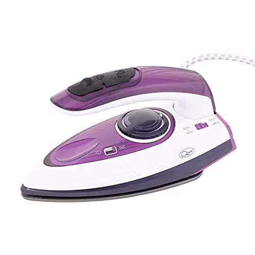 Quest 34030 1000W Travel Steam Iron with Collapsible Ergonomic Handle, Non-Stick Soleplate and 50ml Water Tank in Purple and White