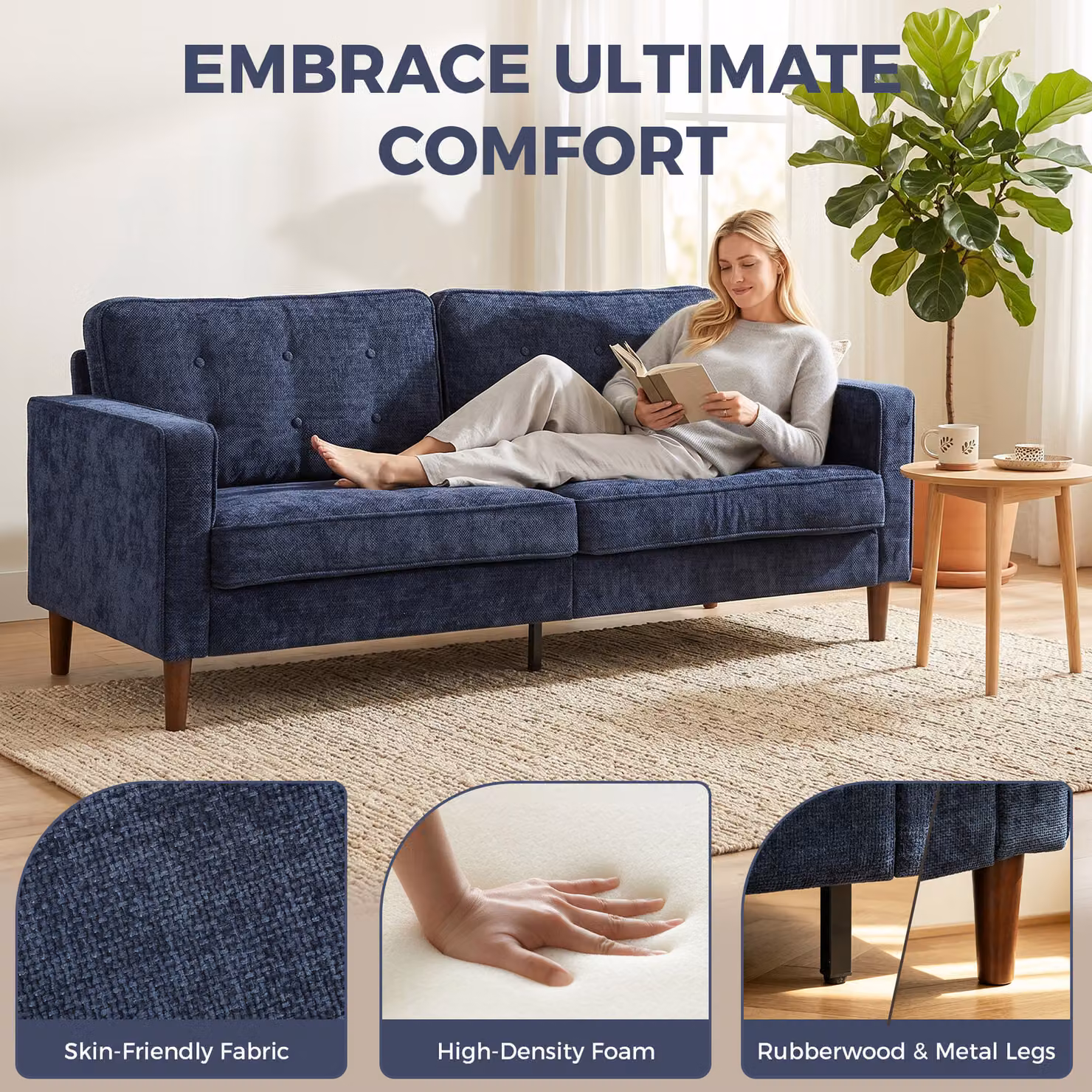 HOMCOM 3 Seater Velvet Upholstered Sofa in Blue with Wood Legs – 4