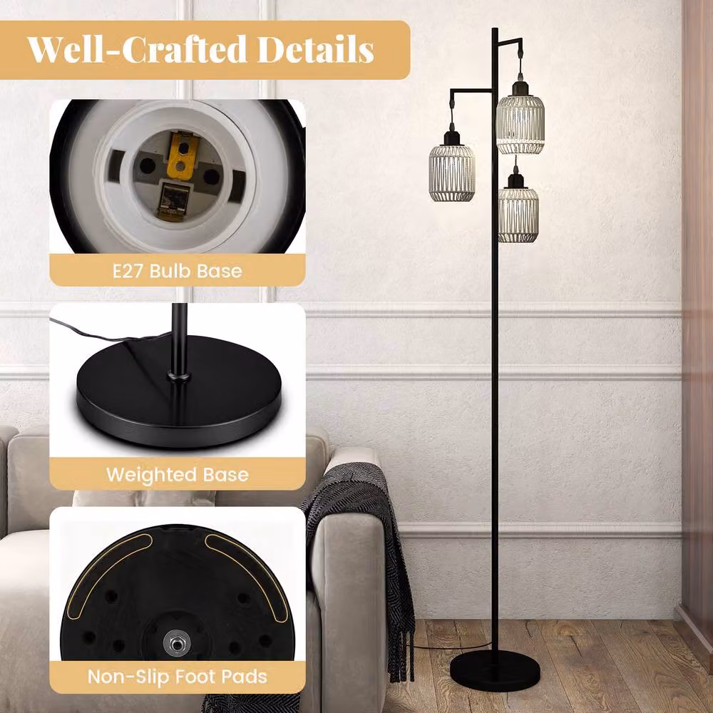 Costway 3-Light Farmhouse Floor Lamp in Black with Foot Switch, Height: 173 cm – 7