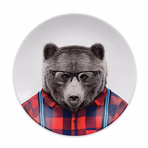 Wild Dining Mustard Ceramic Novelty Dinner Plate with Bear Illustration, Diameter: 22.9 cm