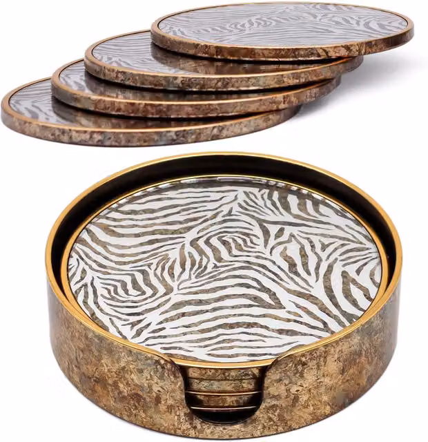 Maison Des Cadeaux Set of 4 Round Zebra Print Acrylic Drink Coasters with Holder in Bronze, Gold and Multicolour