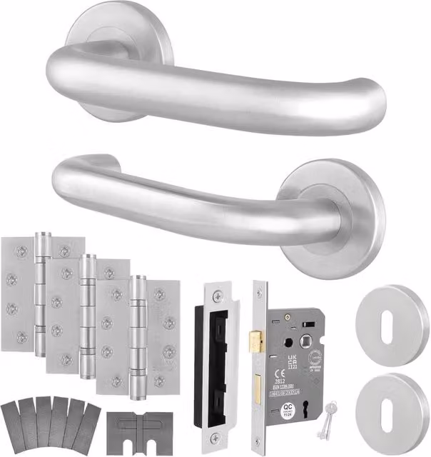AFIT Satin Stainless Steel Fire Rated Return to Door Handles with Sash Lock and Hinges in Silver, 150 x 150 mm