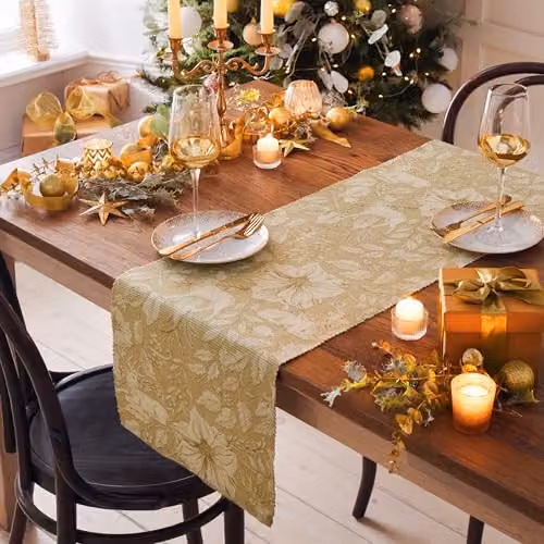Paoletti Gold Stag Floral Christmas Table Runner, W/D/H: 180 x 35 cm – 1