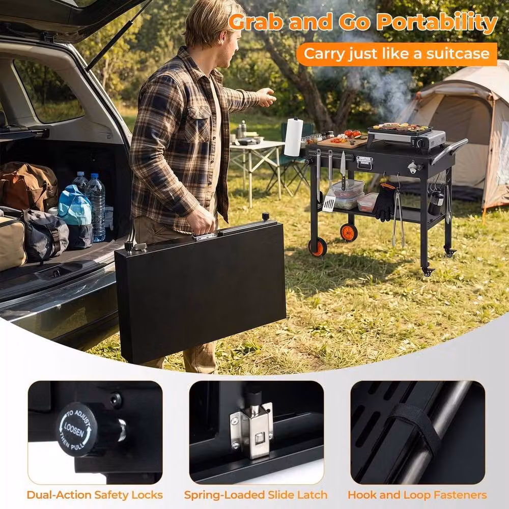 KORVIXA Black Folding Charcoal Grill Cart, W: 82 cm, D: 46 cm, H: 81 cm – 3