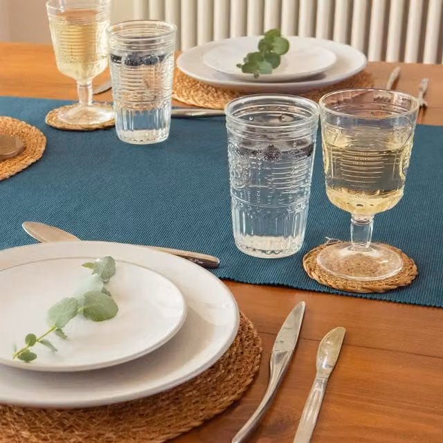 Nicola Spring 7 Piece Cotton Fabric Placemat and Table Runner Set in Denim Blue