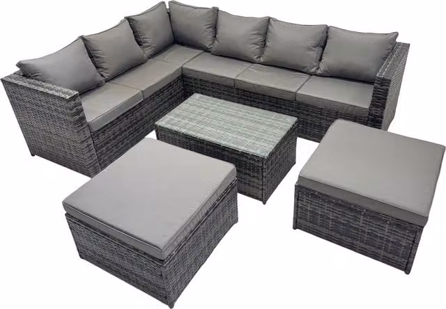 Fimous 8-Seat Dark Grey Rattan L-Shape Corner Sofa Set with Coffee Table and 2 Ottomans