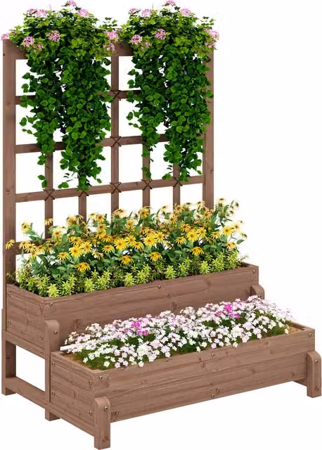 Outsunny 2-Tier Wooden Raised Garden Bed with Trellis and Drainage Holes, Brown, W/D/H: 121 x 66 x 88 cm – 1