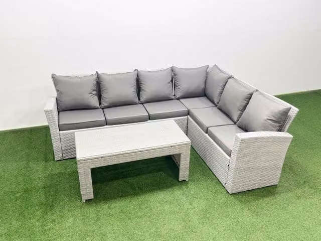 Fimous 6 Seater L-Shape Rattan Garden Furniture Set with Coffee Table in Light Grey