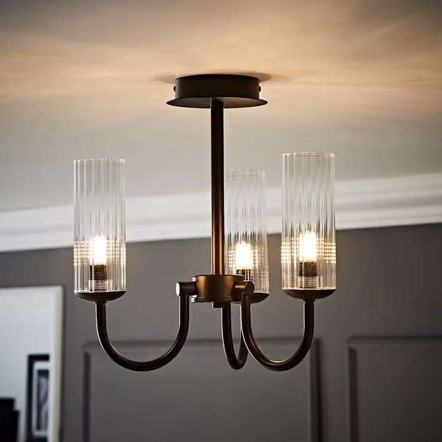 ValueLights Canya 3 Way Modern Ribbed Glass Chandelier Ceiling Light with Bulbs in Black and Gold/Brass – 1