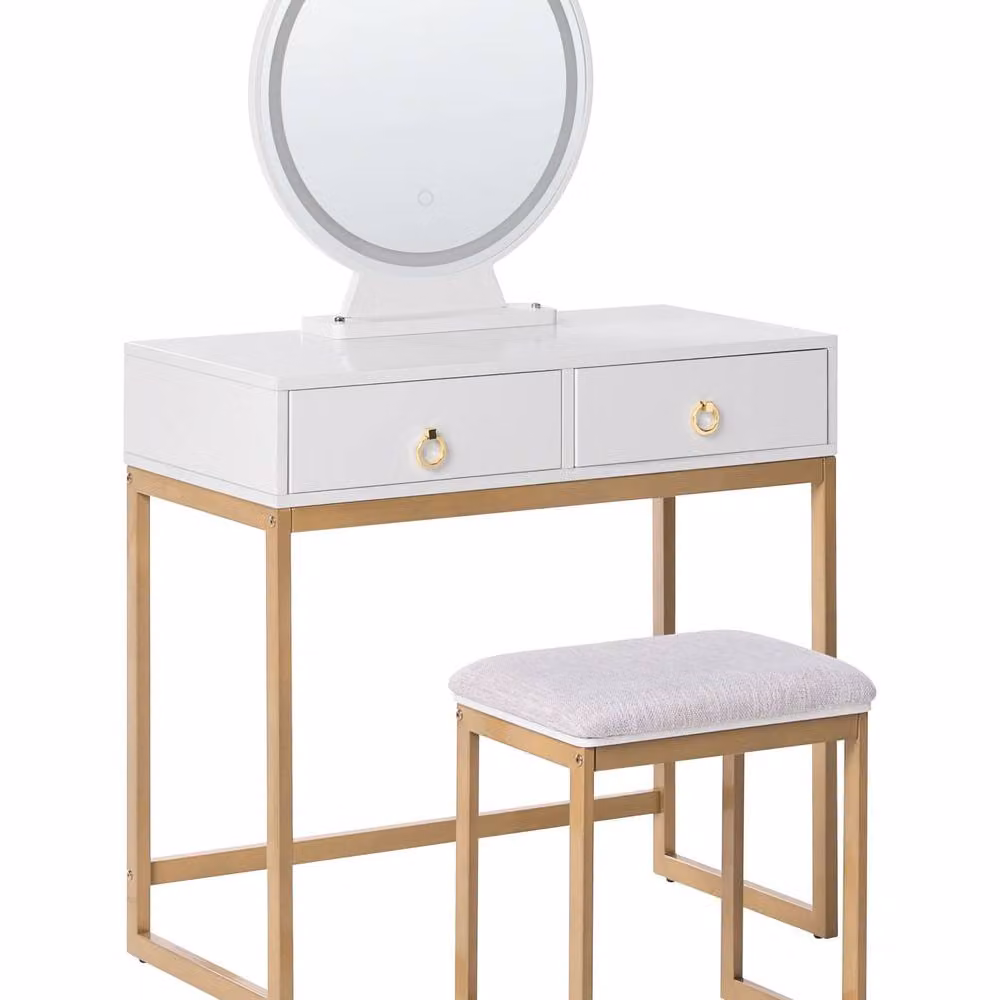 Wyld and Coco Dressing Table in White and Gold with LED Mirror and 4 Drawers – 2