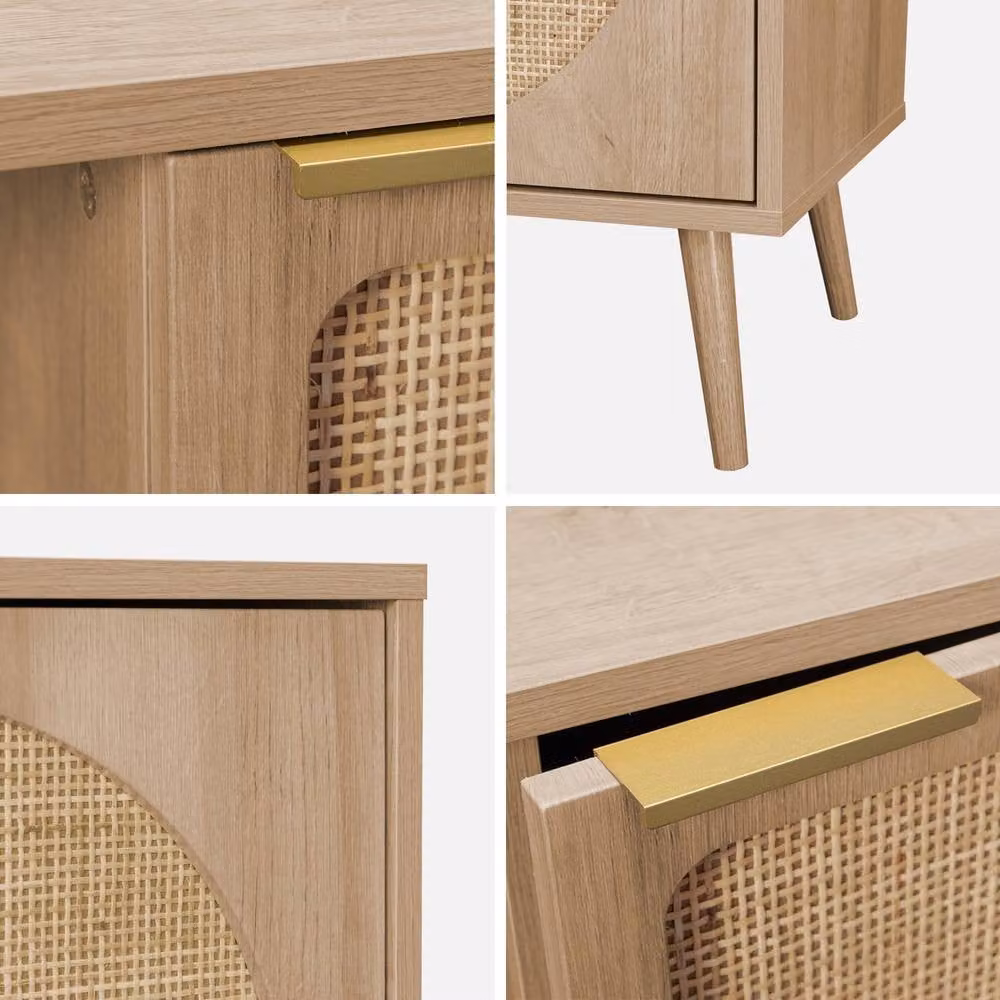 Sweekeek Modern Wood and Rounded Cane Rattan Sideboard in Light Brown, Width: 80 cm – 3