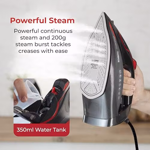 Tower Steam Iron with Ceramic Non-Stick Soleplate, 2500W, Red and Black – 4