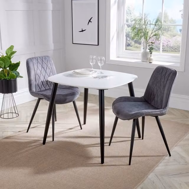 Aspen Gloss White Sintered Stone Square Dining Table and 2 Grey Stitch Fabric Chairs Set