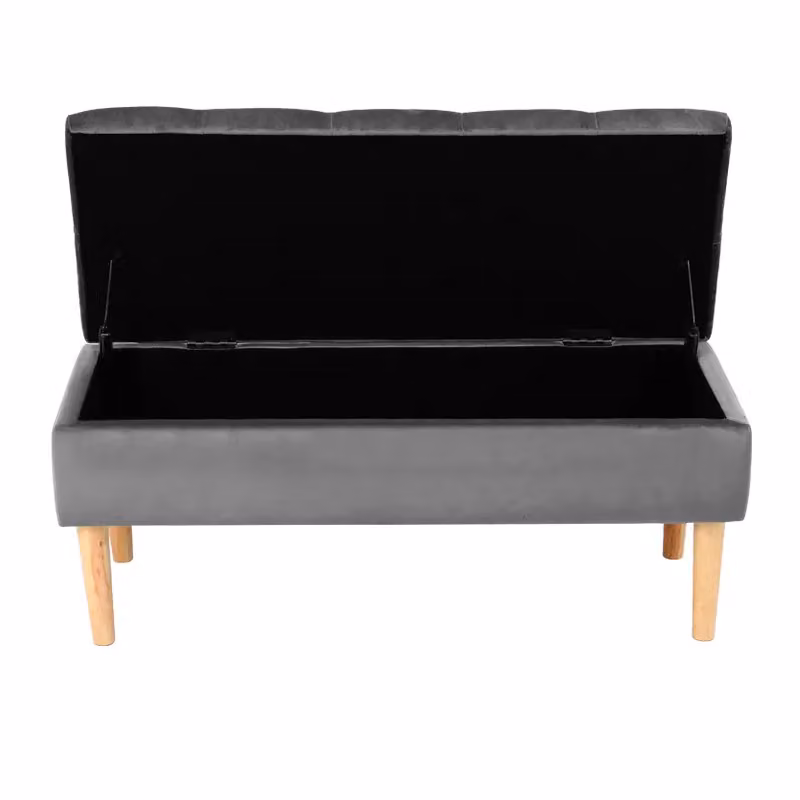 Living and Home Grey Velvet Storage Bench Ottoman with Rubberwood Legs – 2