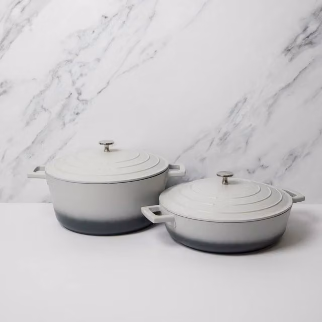MasterClass 2pc Cast Aluminium Casserole Dish Set in Grey Ombre and White, 4L & 5L