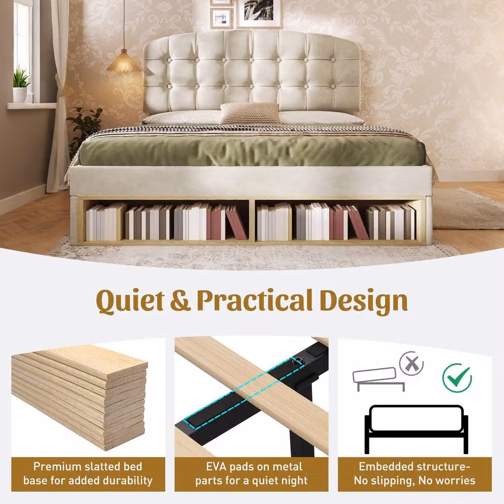 Rolipo Beige Velvet Upholstered 5ft King Size Bed with Storage Drawers, W/D/H: 180 x 200 cm – 5