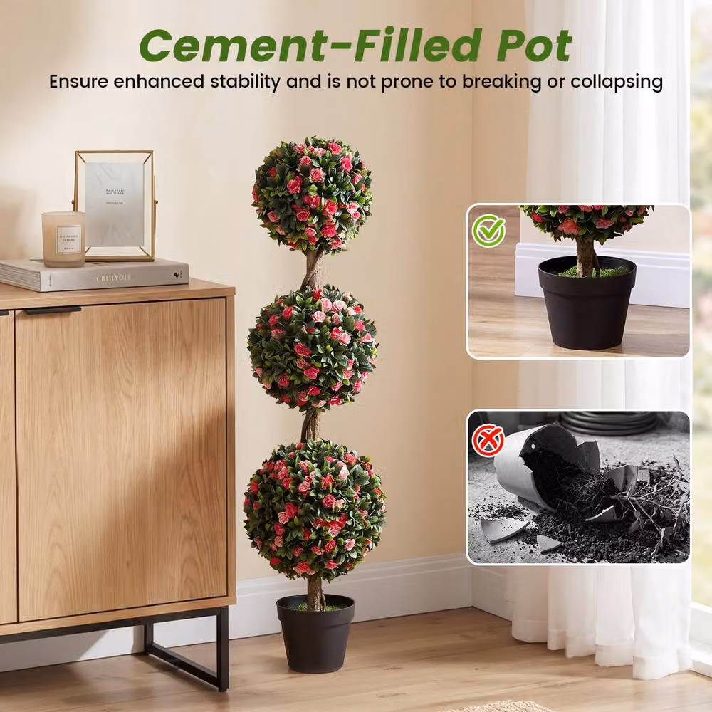 Costway Artificial Triple Ball Rose Topiary Tree, Pink Multicolour Faux Potted Floral Plant – 6