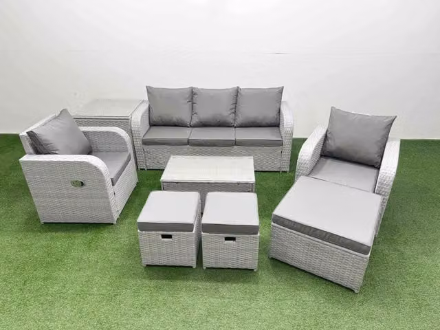Fimous PE Rattan Garden Furniture Set in Light Grey with 3 Seater Sofa, Oblong Coffee Table, Side Table, 3 Stools and Matching Ottoman