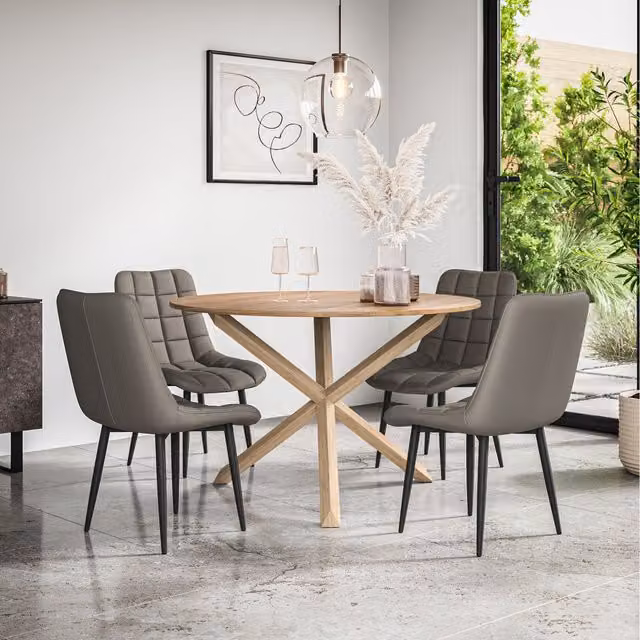 More4Homes Malvern Round Oak Effect Dining Table Set with 4 Grey Nova Dining Chairs, Diameter: 120 cm, Height: 75 cm