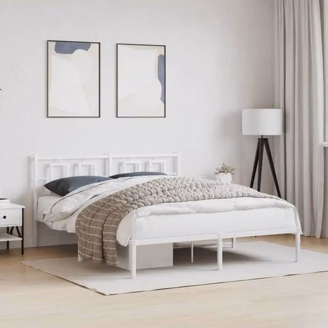Berkfield Home Metal Bed Frame with Headboard in White, W/D/H: 150 x 200 cm – 1