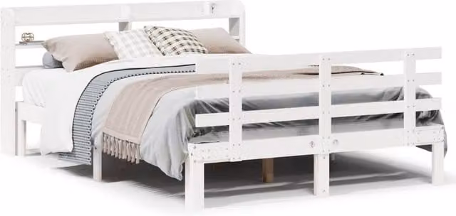 Berkfield Home King Size Bed Frame with Headboard and Side Compartments in White Solid Pine Wood, W/D/H: 150 x 200 x 82 cm