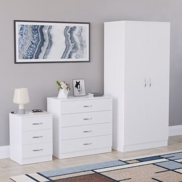 Vida Designs Riano 3 Piece Modern White Bedroom Set including Wardrobe, Chest of Drawers and Nightstand