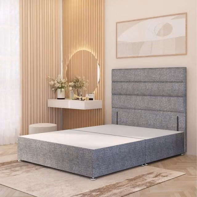 Horizona Modern Upholstered Velvet Divan Bed Base in Grey/Silver, W/D/H: 200 x 180 x 34.5 cm