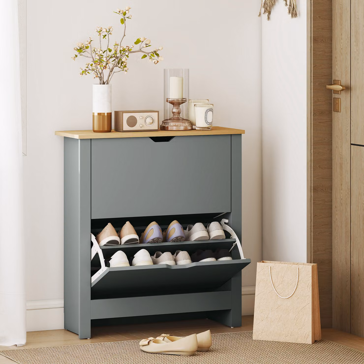 HOMCOM Slim Shoe Cabinet in Light Grey with 2 Tilting Compartments and Adjustable Internal Shelves for 12 Pairs of Shoes – 7