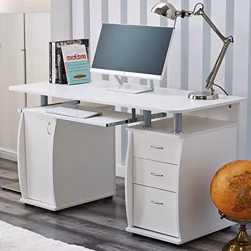 RayGar White Deluxe Design Computer Desk with Storage Cabinet and 3 Drawers, W/D/H: 120 x 55 x 74 cm – 2