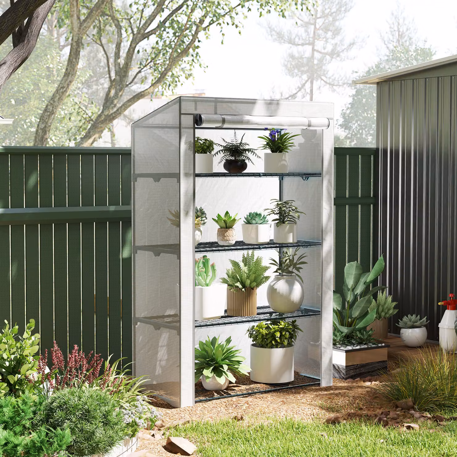 Outsunny 4 Tier Lean-to Mini Greenhouse with Reinforced PE Cover and Roll-Up Door, Grey, W/D/H: 110 x 50 x 171 cm – 2