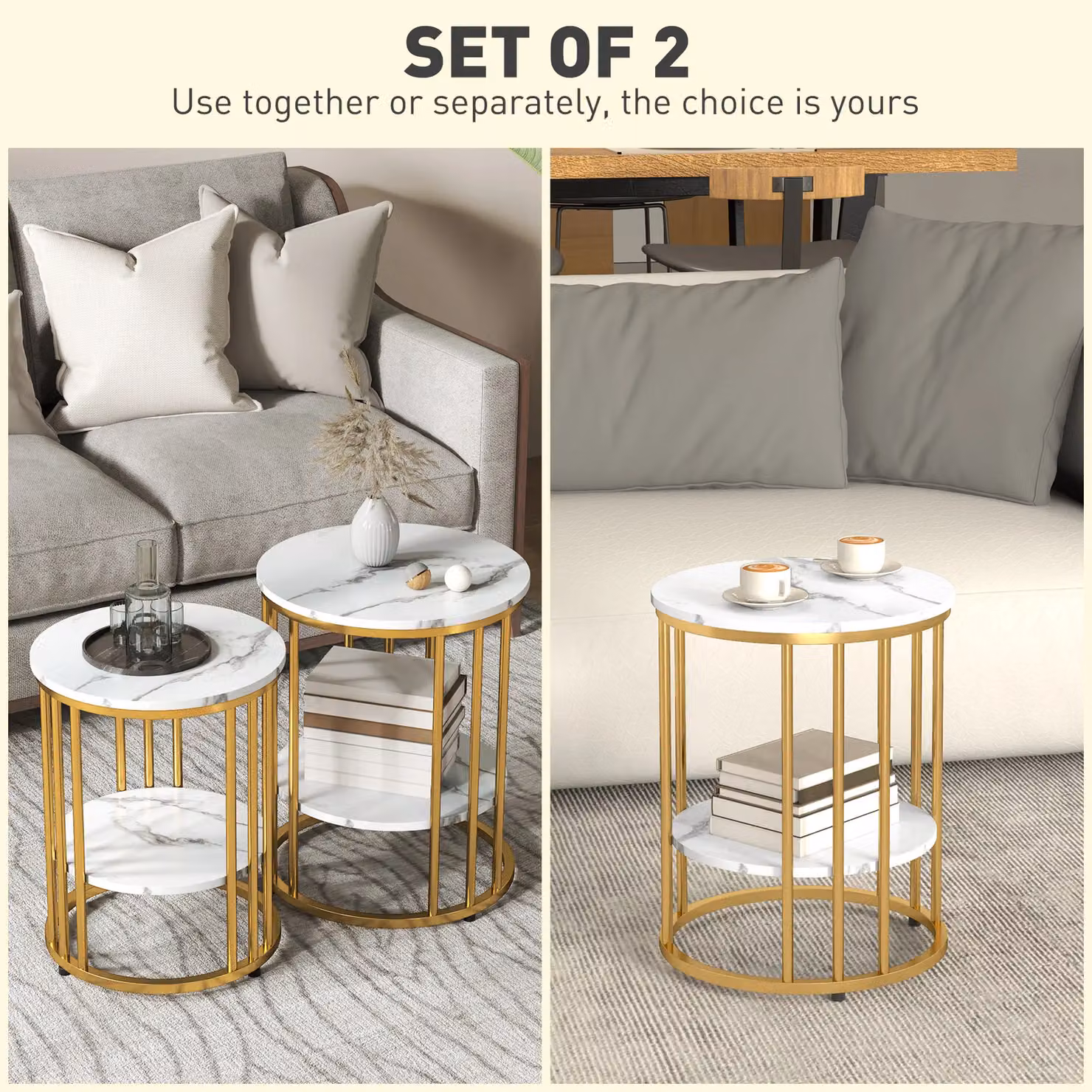 HOMCOM Set of 2 Modern Round Coffee Tables with Gold Tone Metal Legs and Glossy Marble-Effect Finish – 3