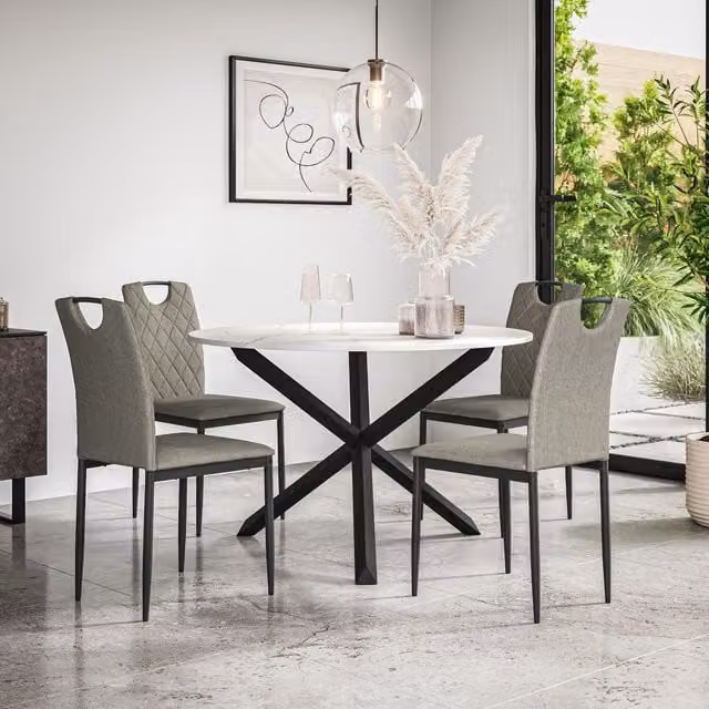 More4Homes Malvern Round Dining Table and 4 Monza Fabric Chairs Set, Marble Top with Black Solid Oak Legs and Grey Chairs, Diameter: 120 cm – 1