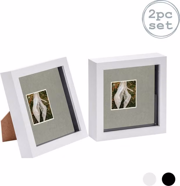 Nicola Spring Pack of 2 Square 3D Box Photo Frames in White and Grey, W/H: 15.24 x 15.24 cm