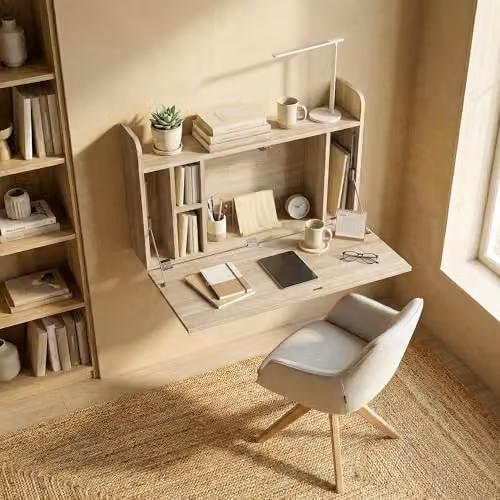 HOMCOM Wall Mounted Drop Leaf Computer Desk in Oak Brown, W: 77 cm, D: 20 cm, H: 51 cm – 4