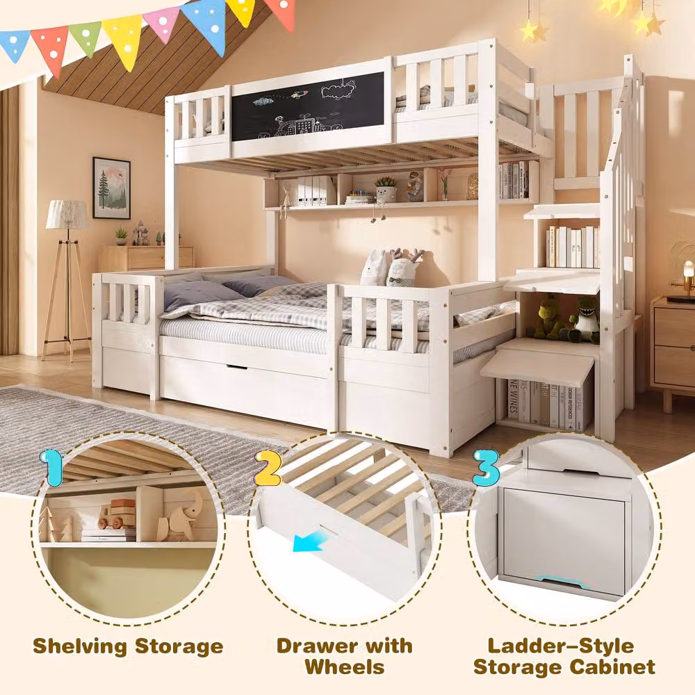 Rolipo Kids Bunk Bed with Staircase and Storage Drawers in White Solid Wood – 3