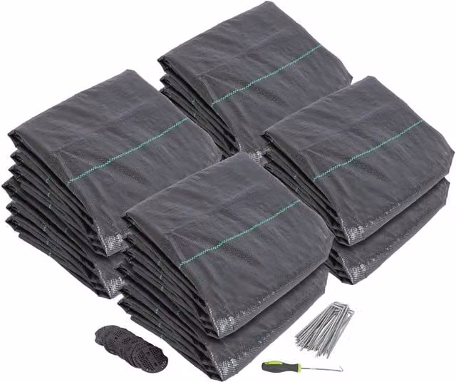 Harbour Housewares 110gsm Weed Control Membrane with Pegs and Plates, Black, 8 Rolls (W: 100 cm, L: 4 m per roll)