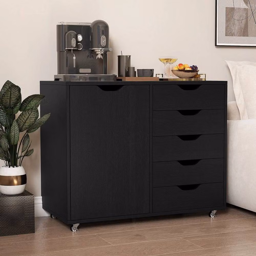 SPETLEK Black Wooden Vertical Storage Dresser Cabinet with 5 Drawers and Door – 3
